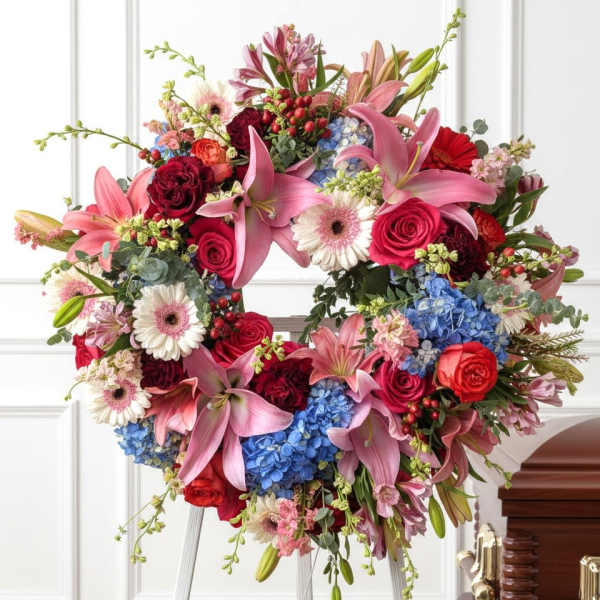 Heart-shaped floral wreath with pink lilies, roses, and blue hydrangeas on an easel