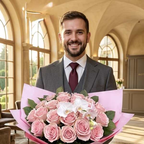 Man in a suit holding a large pink bouquet with roses and white orchids