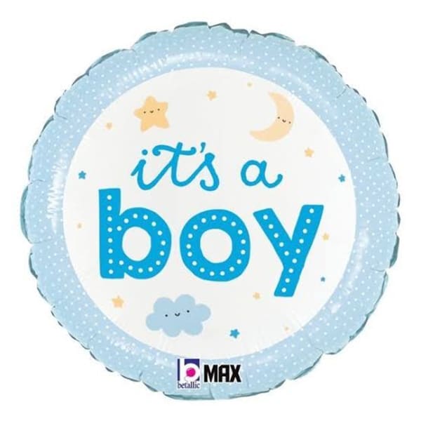 Blue baby shower balloon with "it's a boy" text