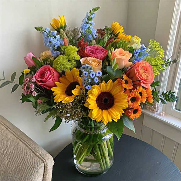 Colorful mixed bouquet with sunflowers and roses in a glass vase