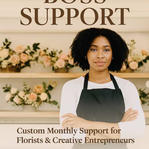Woman in apron stands before floral arrangements with "BOSS SUPPORT" text.