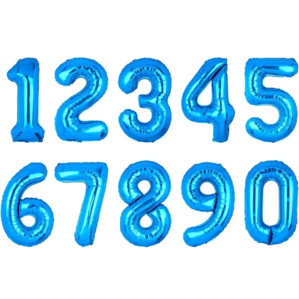 Blue number balloons arranged in two rows on a white background