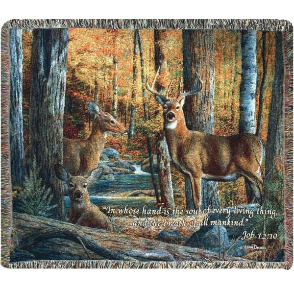 Fringed woven throw blanket with a deer forest scene and Bible verse text