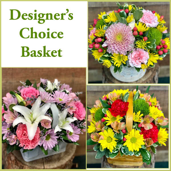 Three colorful basket flower arrangements with mixed blooms