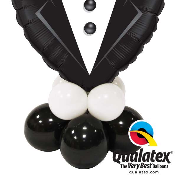 Black tuxedo-shaped balloon arrangement with white balloons at the base
