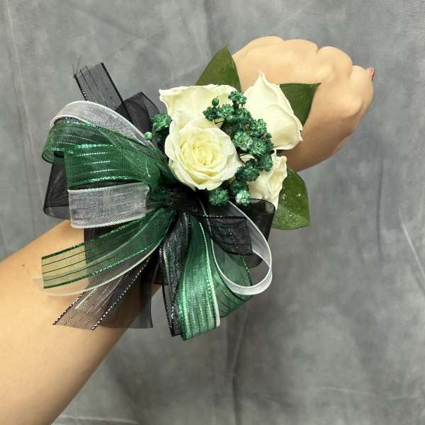 Emerald Green Black White spray roses corsage
