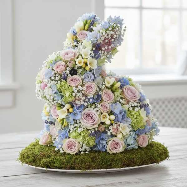 Floral bunny sculpture made of pastel roses and hydrangeas on a moss base