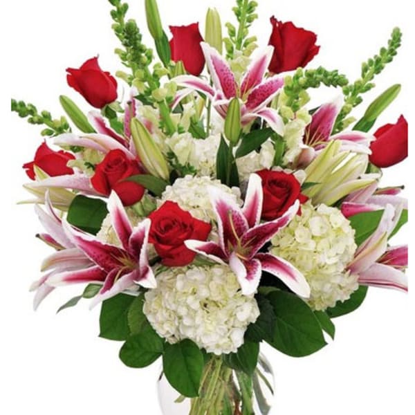 Crazy For You 1 dozen Roses + Hydrangea, Stock & Stargazer Lilies
