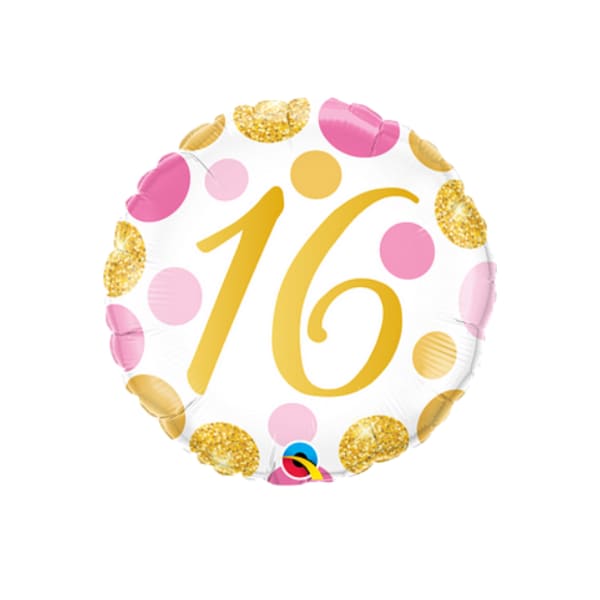 Round balloon with a gold "16" and pink and gold dots