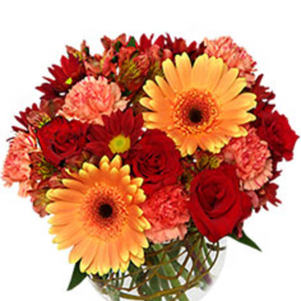 Bouquet of red roses, orange gerbera daisies, and pink carnations in a glass vase