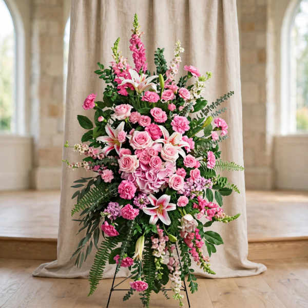Tall pink floral standing arrangement with roses, lilies, and carnations