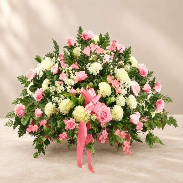 Pink and white floral arrangement with a pink ribbon bow