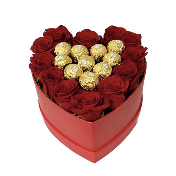 Heart-shaped box of red roses topped with gold-wrapped chocolates