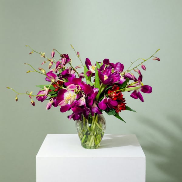 Purple and red flowers arranged in a clear glass vase