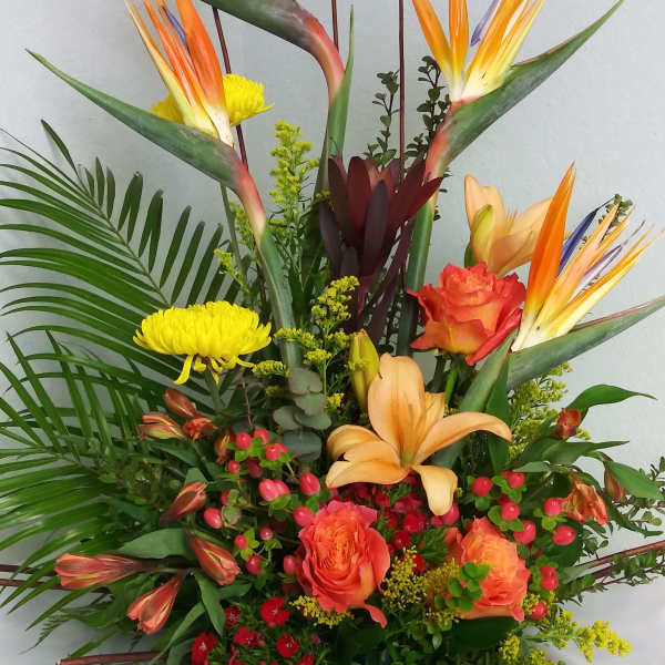 Tall tropical bouquet with orange bird of paradise and roses