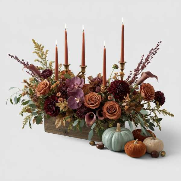 Autumn floral centerpiece with candles and small pumpkins in a wooden box