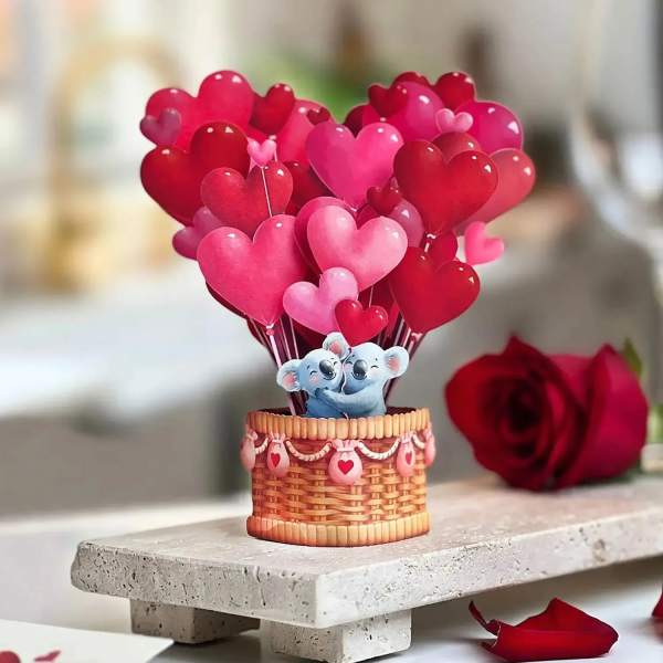 Heart-shaped balloons in a basket with a small koala figure