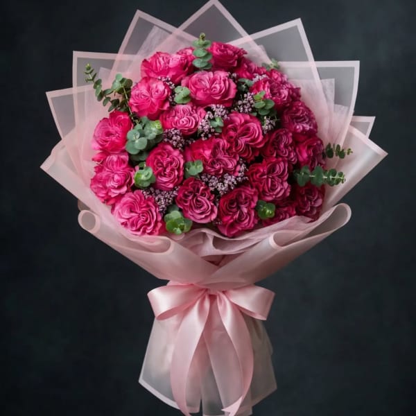 Pink rose bouquet wrapped in pale pink paper with a satin ribbon