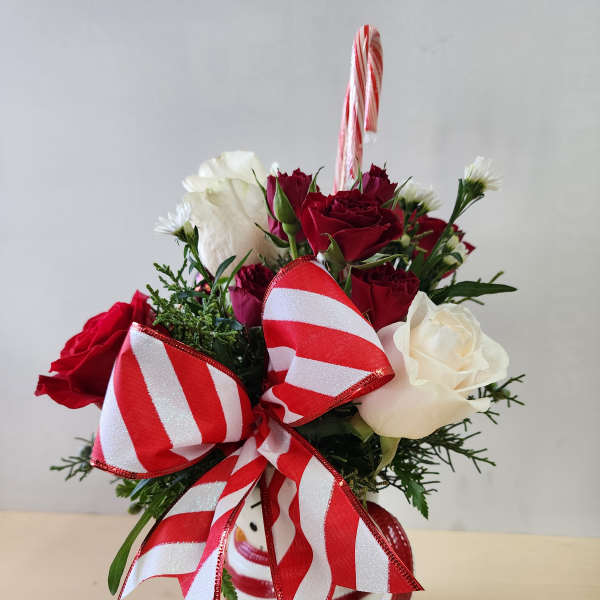 Red and white roses in a candy cane mug with a striped bow