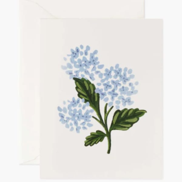 White card with a blue floral sprig illustration