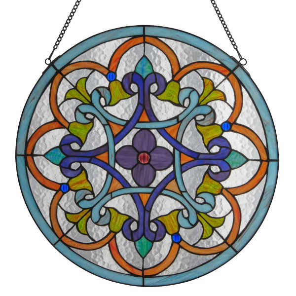 Round stained-glass panel with blue, orange, and purple floral patterns