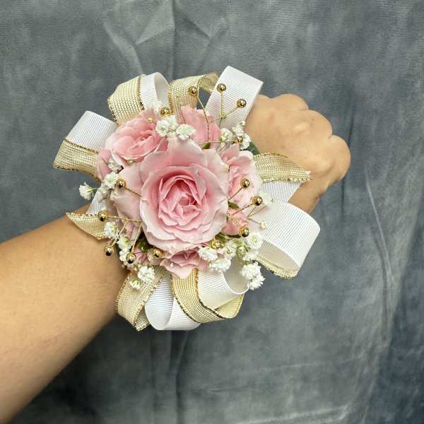 Gold White Pink spray roses corsage