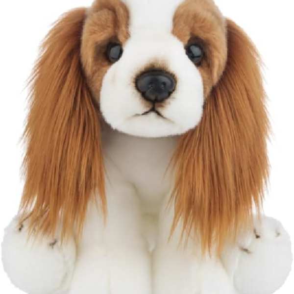 Plush dog toy with long brown ears and white fur