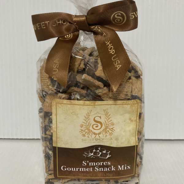 Bag of s'mores gourmet snack mix tied with a brown ribbon