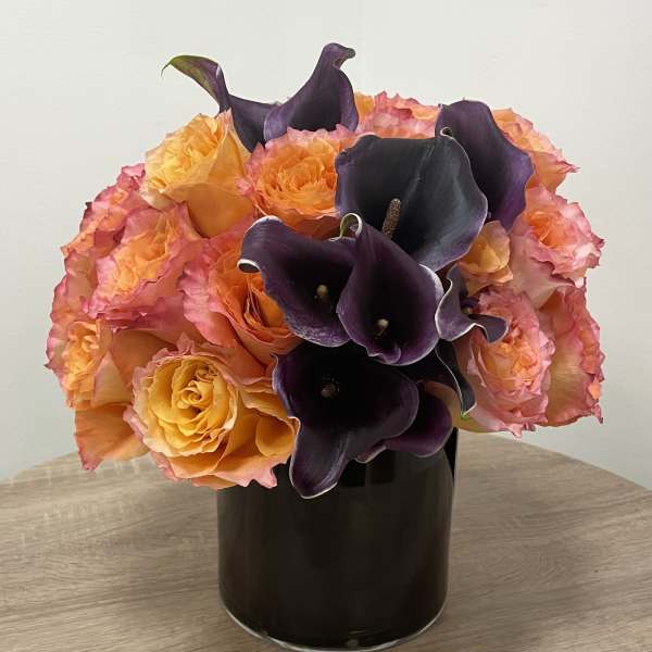 Compact arrangement of orange and pink roses with dark purple calla lilies in a black cylinder vase.