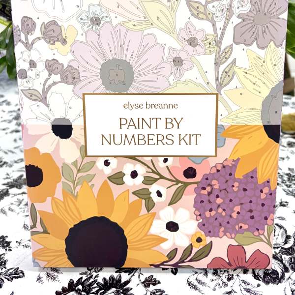 Paint-by-numbers kit box with floral artwork