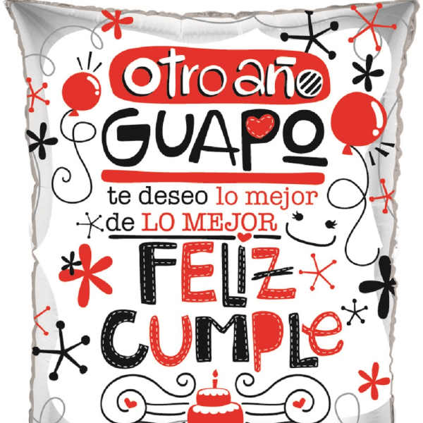 Decorative pillow with Spanish text and red, black, and white graphics