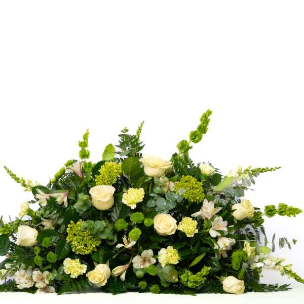 Our Gentle Thoughts Collection: Half Casket Spray in White and Green Blooms