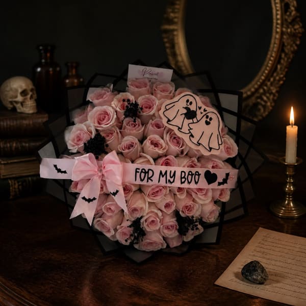 Pink rose bouquet with a ribbon and Halloween-themed decorations