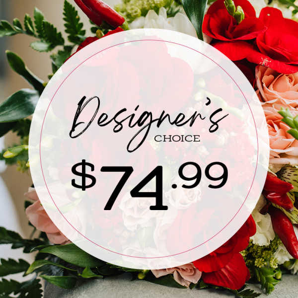 Red and peach floral arrangement with a price label overlay