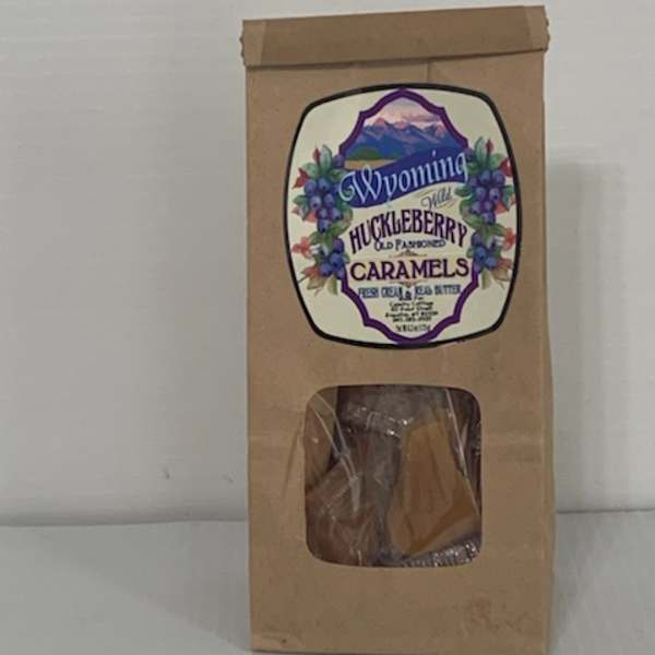 Boxed huckleberry caramel candies with a clear window