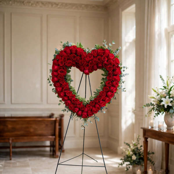 Heart-shaped red rose wreath on a stand in a bright room