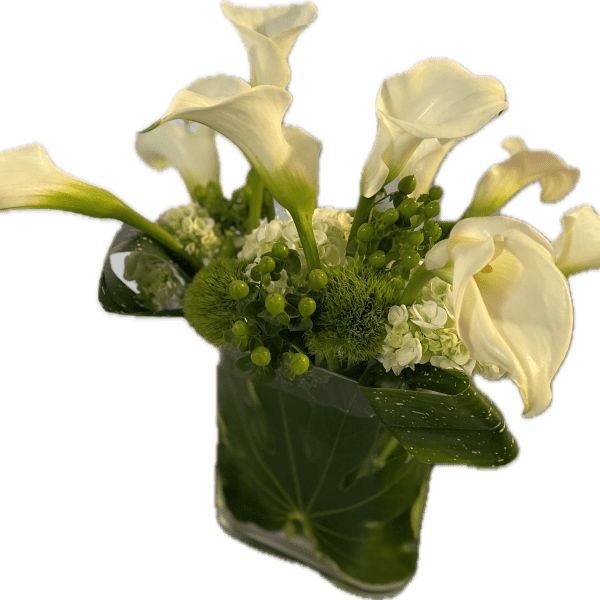 White calla lilies arranged in a glass vase with green accents