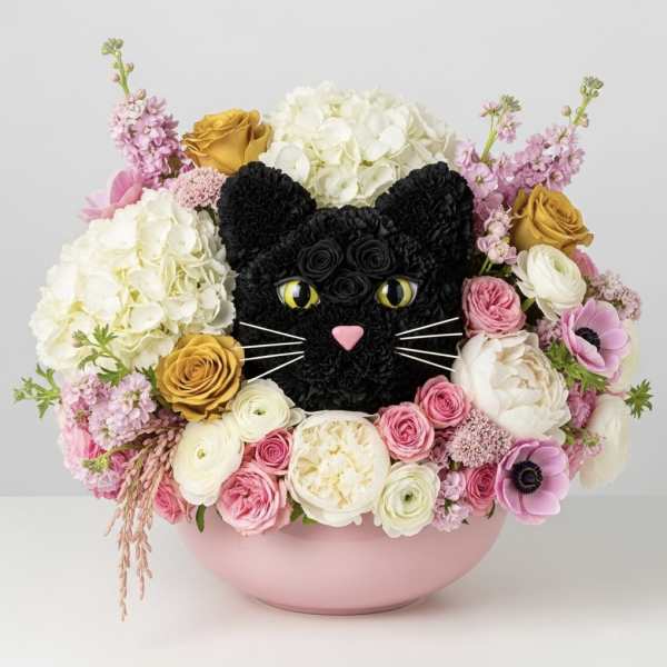 Cat-shaped floral arrangement in a pink bowl with roses and hydrangeas