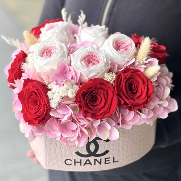 Pink and red roses with hydrangeas in a Chanel box