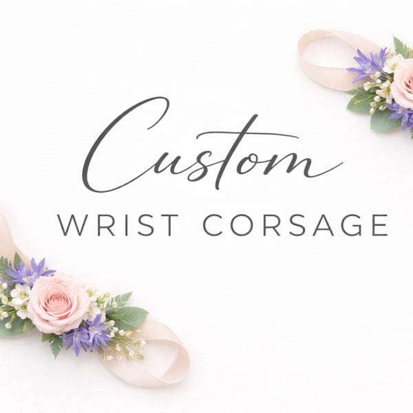 Two blush pink rose and purple flower wrist corsages with the words Custom Wrist Corsage on white background
