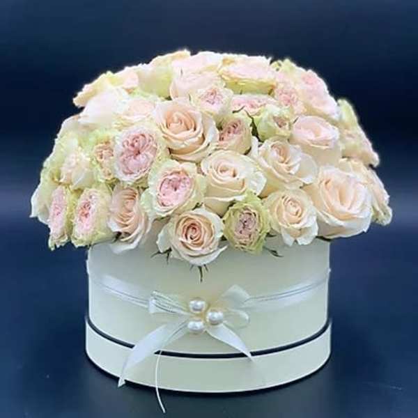 Round box arrangement of pale pink and cream roses with a ribbon bow