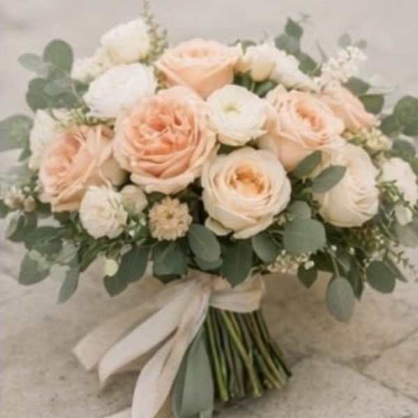 Peach and white rose bouquet with eucalyptus and a ribbon wrap
