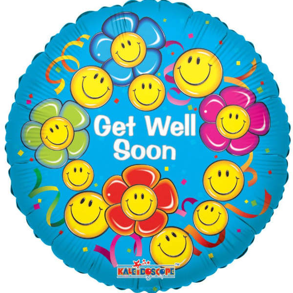 Round blue get well soon balloon with smiley flower graphics