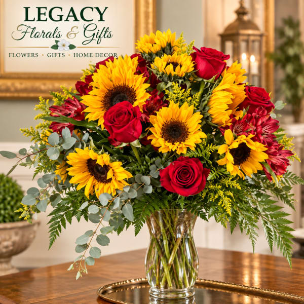 Bouquet of sunflowers and red roses in a clear glass vase