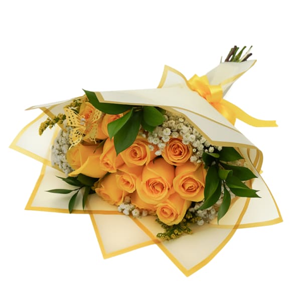 Bouquet of yellow roses wrapped in white paper with a yellow ribbon