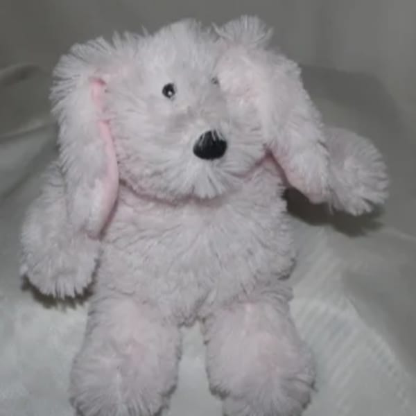 Pink plush dog toy with floppy ears and black nose