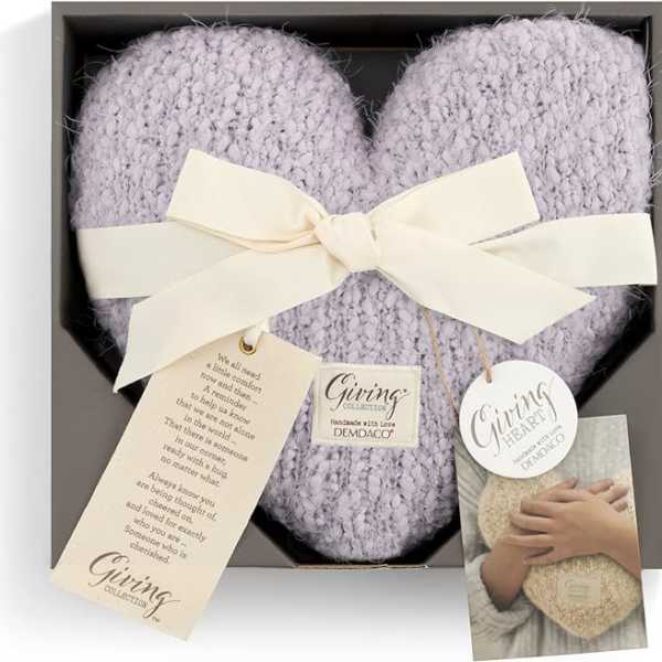 Lavender knitted heart-shaped gift in a box with a cream ribbon