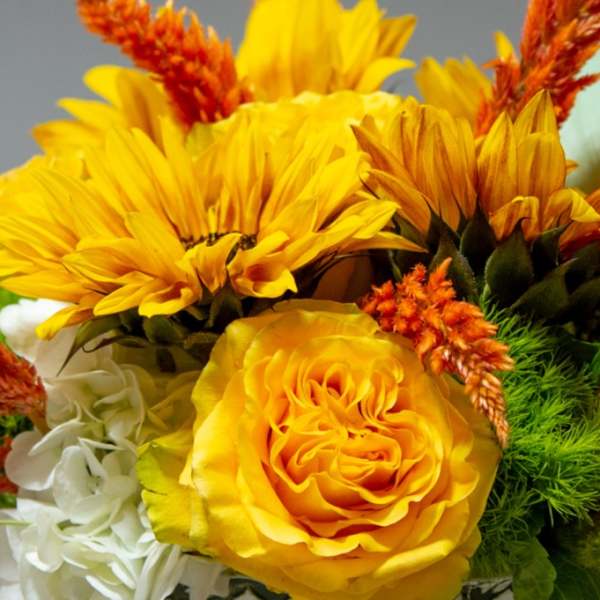 Yellow and orange floral bouquet with a white bloom against a gray background
