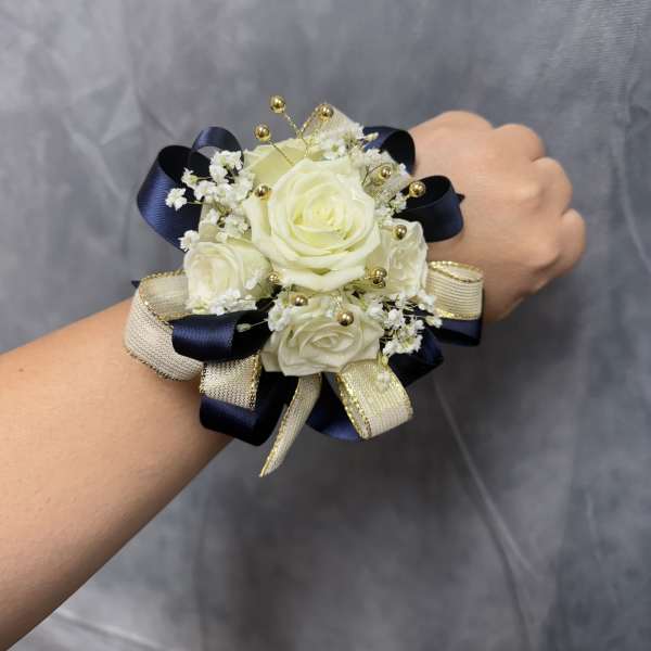 Navy Gold White spray roses corsage