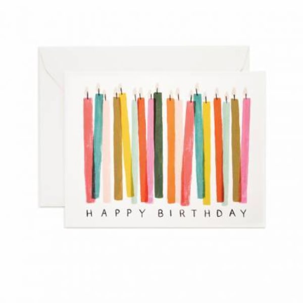 Birthday card with colorful candles and "HAPPY BIRTHDAY" text